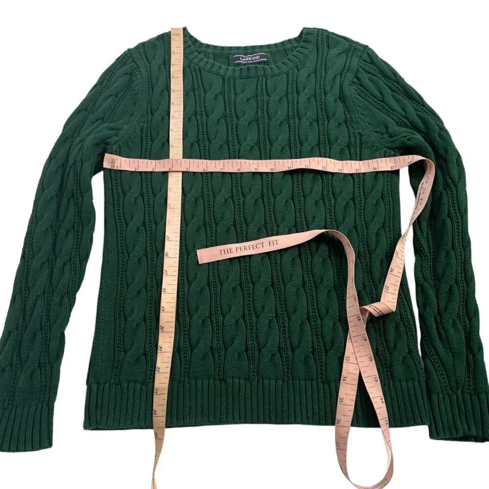 Lands End Cable Knit Cotton Fisherman Sweater Hunter Green Womens MP Snug Fit